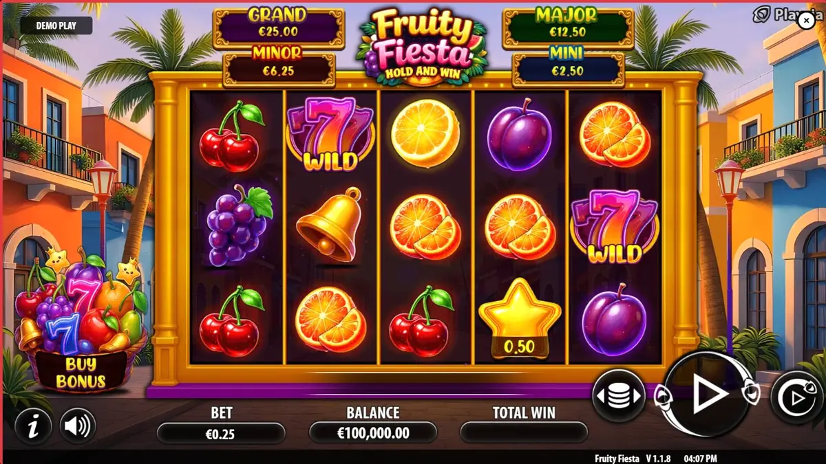 Tampilan visual slot Fruity Fiesta dengan tema neon buah-buahan dan suasana karnaval