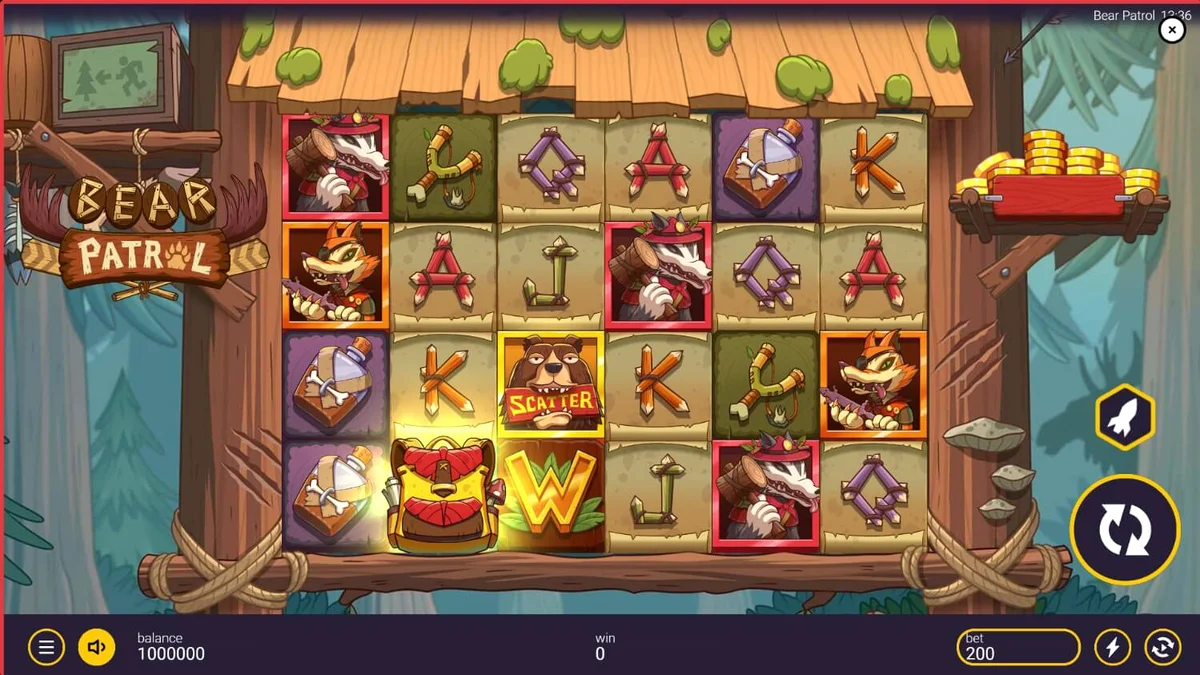 Tampilan visual slot Bear Patrol dengan latar hutan dan karakter hewan